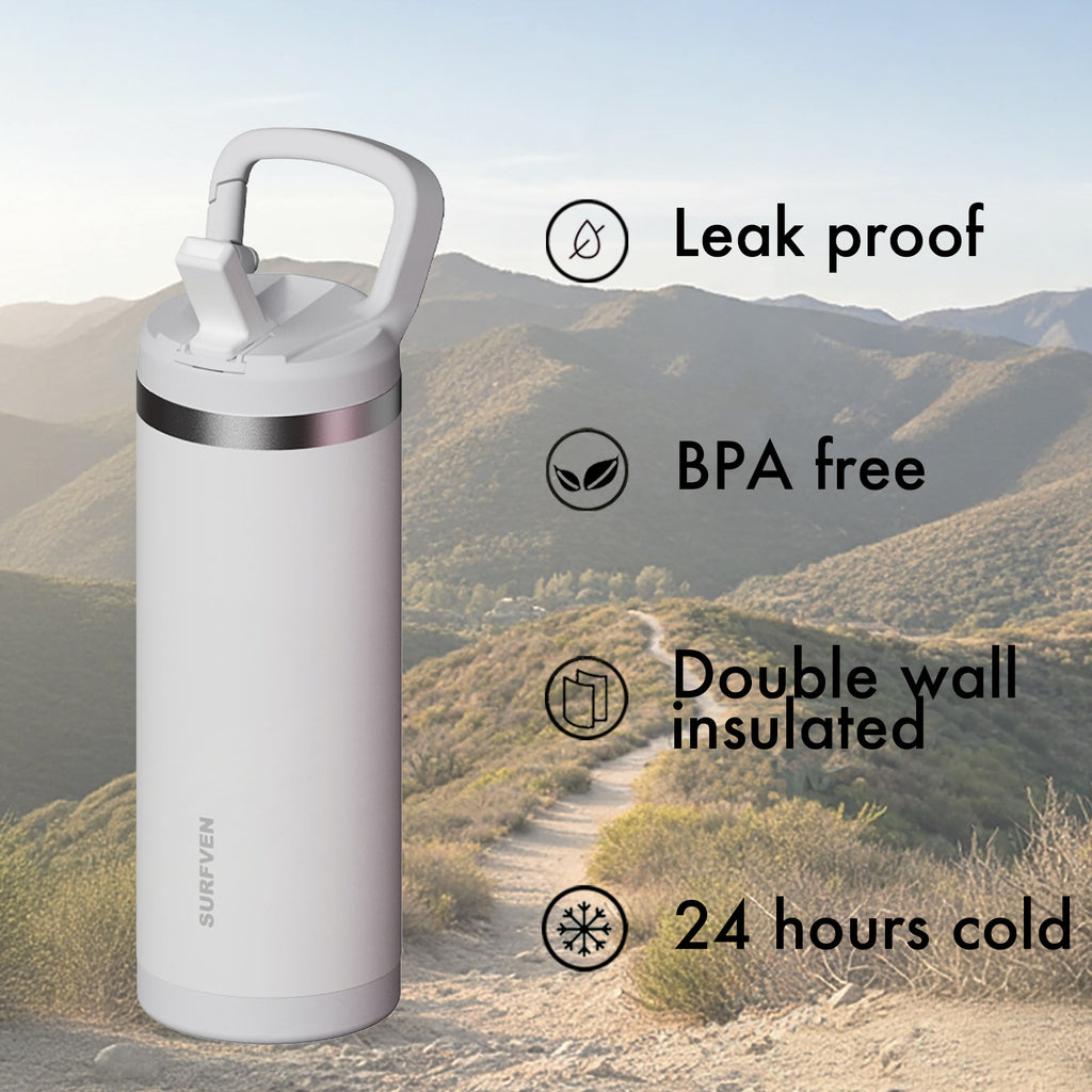 SURFVEN 18 oz Double Wall Stainless Steel Insulated Water Bottle with Leak Proof Flip Straw Lid, White